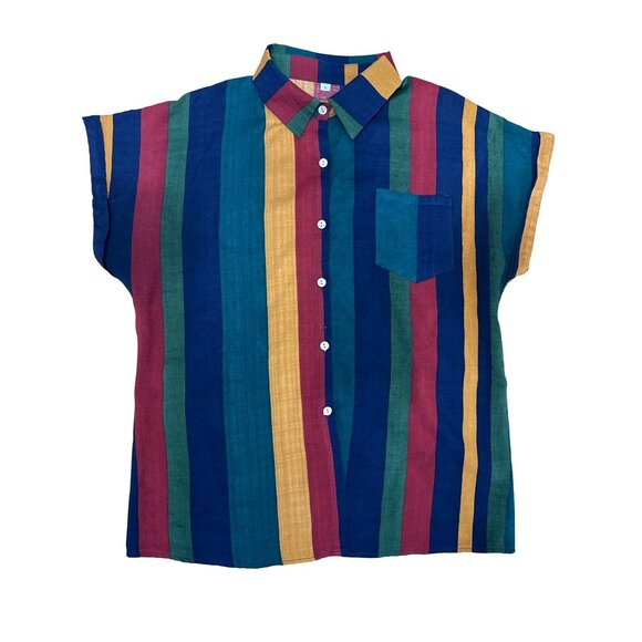 CCC Unisex Multicolor Striped Button Up Shirt Polyester Casual Retro Chic Large - Picture 8 of 9